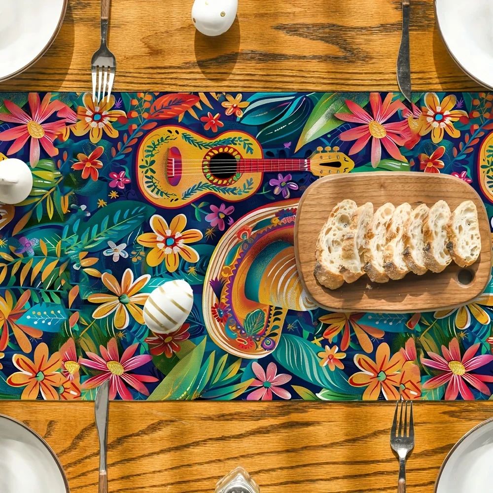 Mexican Style Cactus Print Linen Table Runner