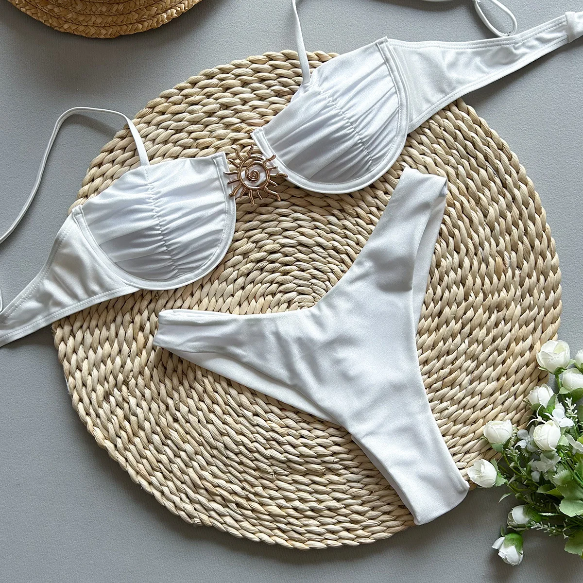 Sexy Metal Sun Ornament Bikinis Sets Women Black White Push Up Underwire Micro Swimsuit 2025 Brazilian Bathing Suit Swimwear