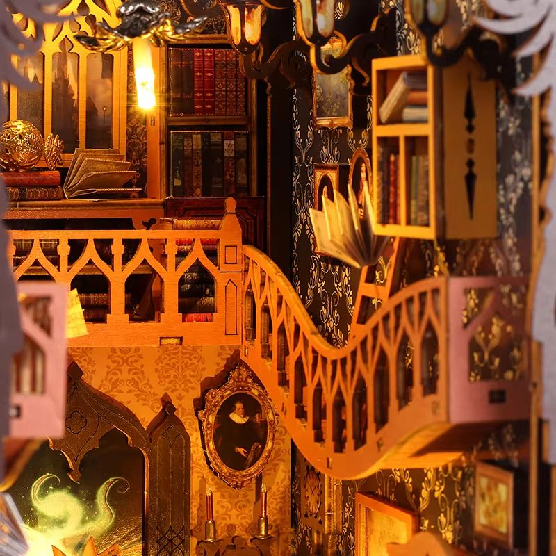 DIY Book Nook Kit Wooden Dollhouse Building Set LED Bookshelf Insert Miniature House Bookend