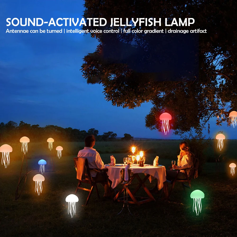 USB Rechargeable LED Night Light, RGB Adjustable Color Jellyfish Lamp with Active Tentacles, Polished Base Bedside Lamp