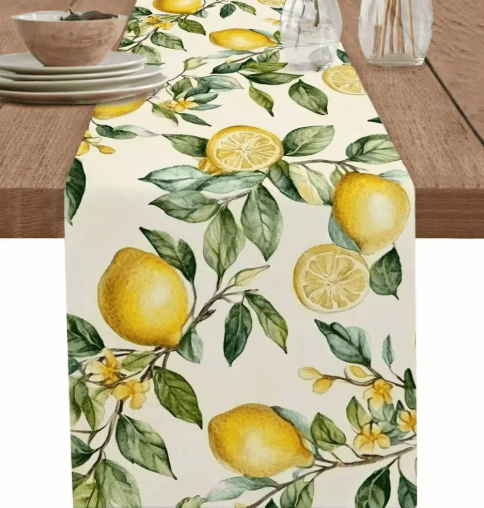 Watercolor Lemon Linen Table Runner – Fresh Summer Floral Kitchen & Dining Decor