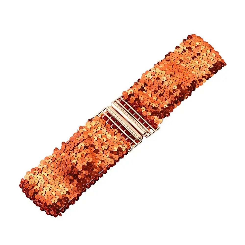 GlamCurve Wide Sequin Elastic Waist Belt with Gold Buckle