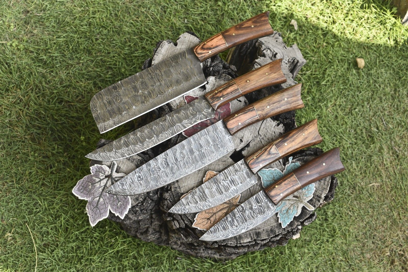 Twist Pattern Damascus Chef Knives | Lot of 5 Handmade Hardwood Handle Set