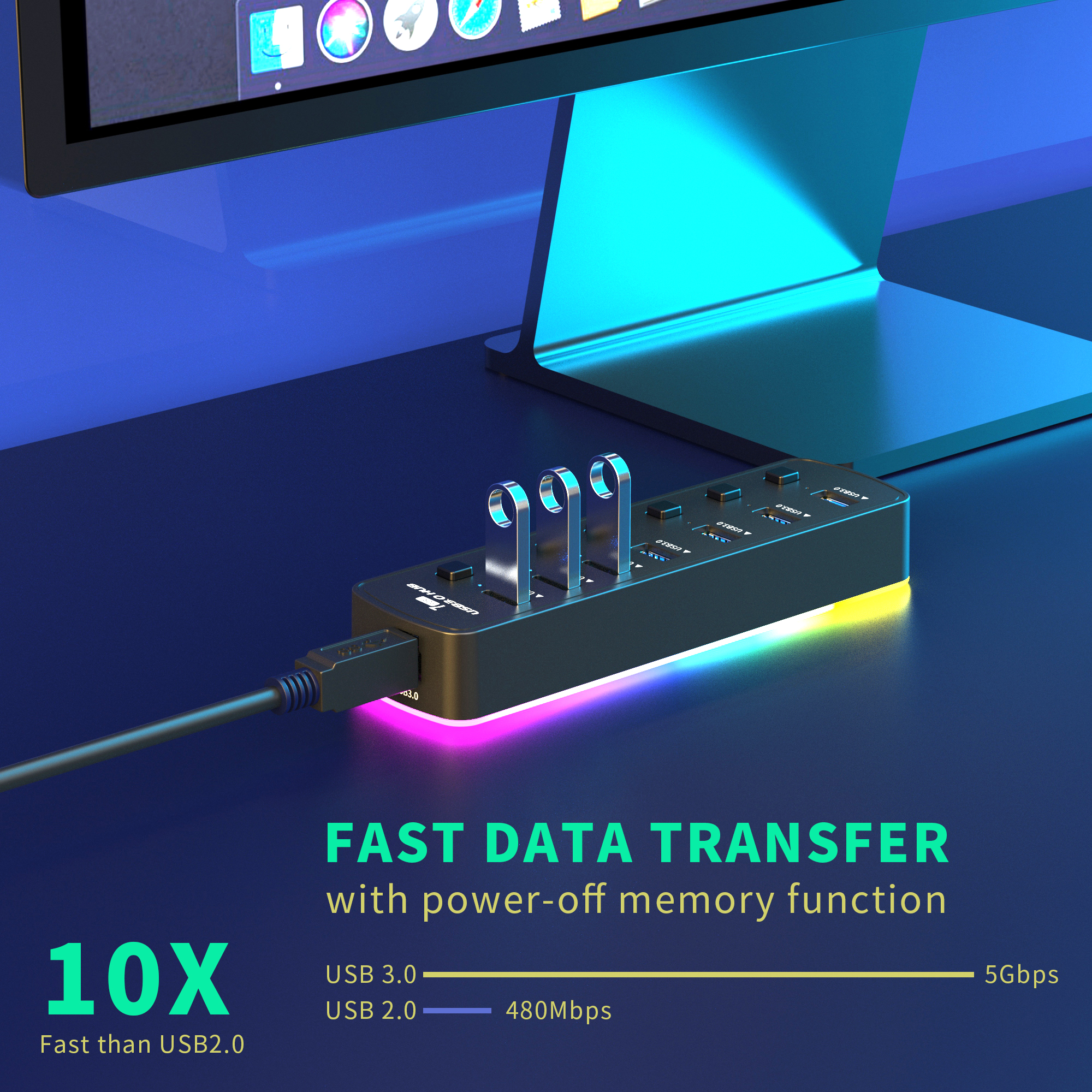 USB Hub with RGB Lights, 5Gbps Speed, Individual On/Off Switch Docking Station