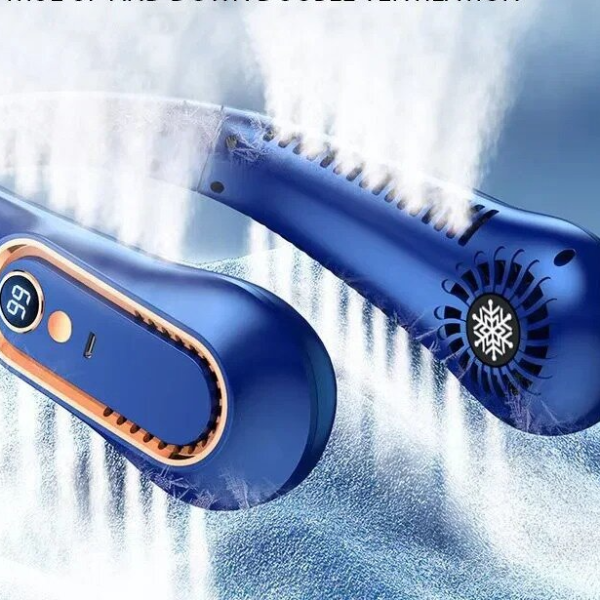 USB Rechargeable Silent Fan, Portable Cooling Neck Fan, Free Hanging Neck Leaf Fan with LED Battery Level Display