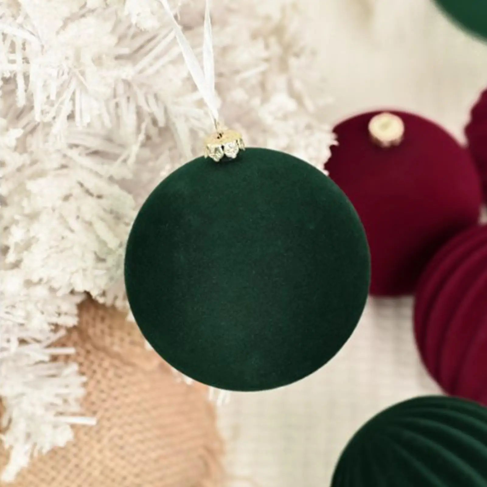 Wine Red Flocked Christmas Ball Ornaments Set – Velvet Xmas Tree Hanging Decorations for Holiday Home Decor