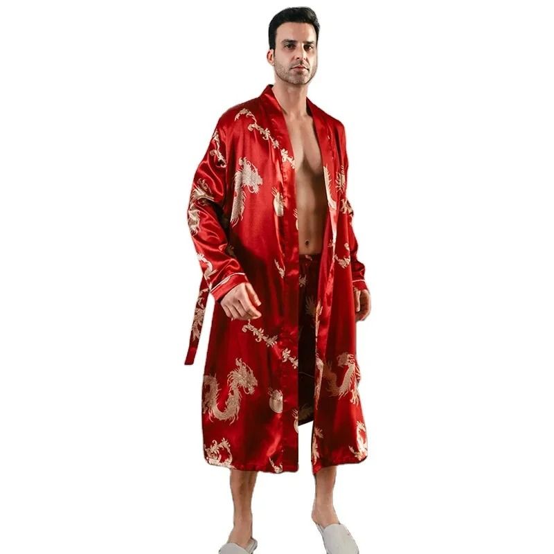 Mens Ice Silk Long-Sleeved Bathrobe – Lightweight Spring & Autumn Sleepwear