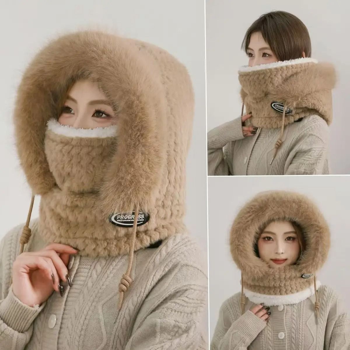Women Thermal Plush Hood Hat Scarf Mask Set Windproof Winter Wear