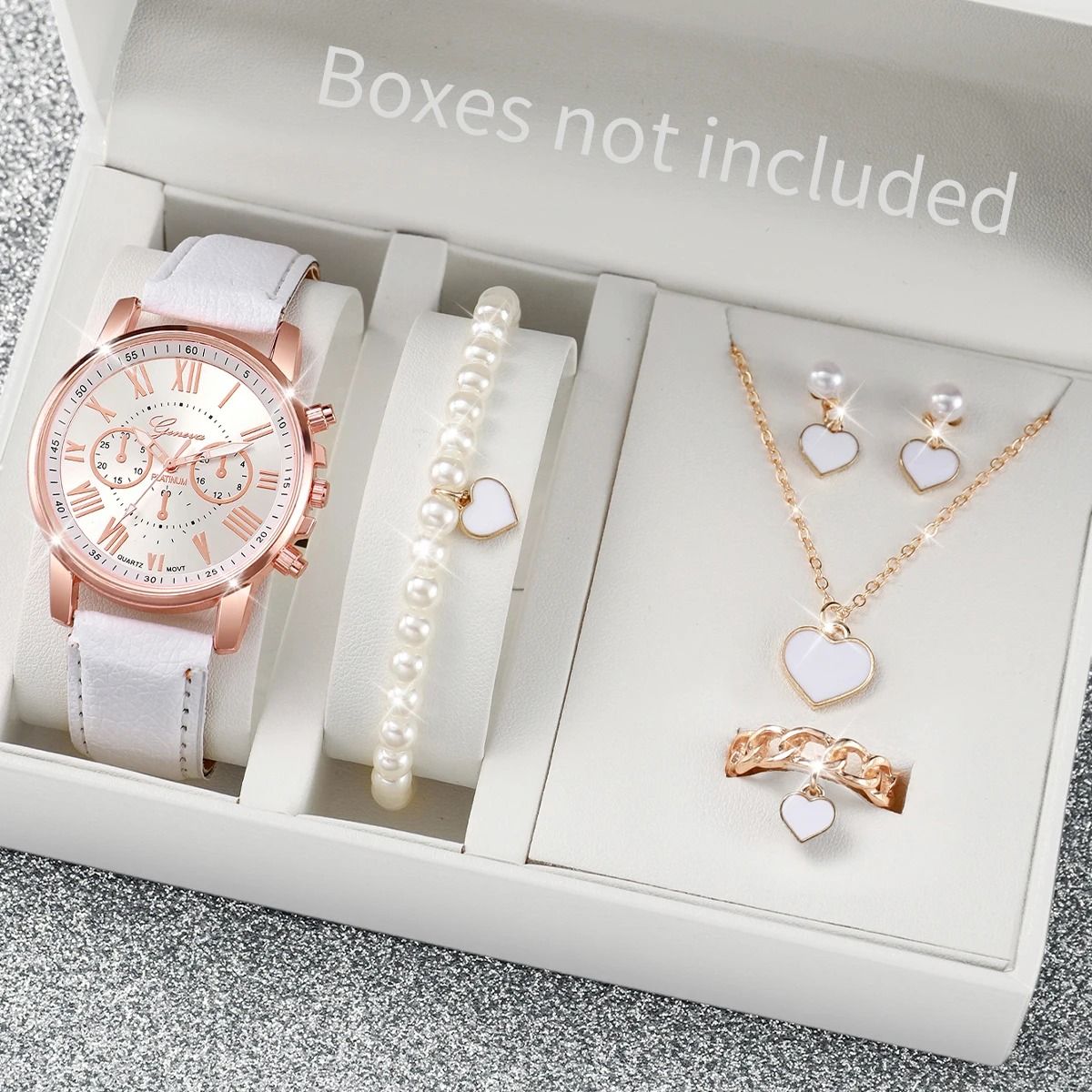 Women Luxury Watch and Jewelry Set Roma Dial Leather Band Quartz