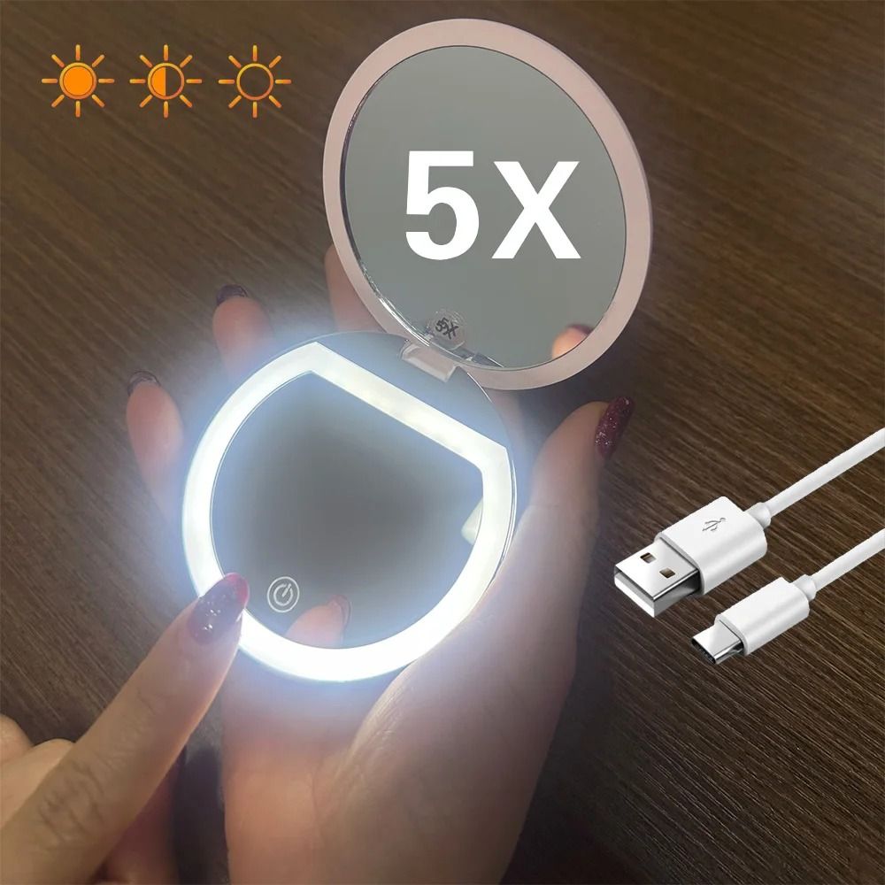 Rechargeable LED Pocket Makeup Mirror – Dual-Sided with 5x Magnification