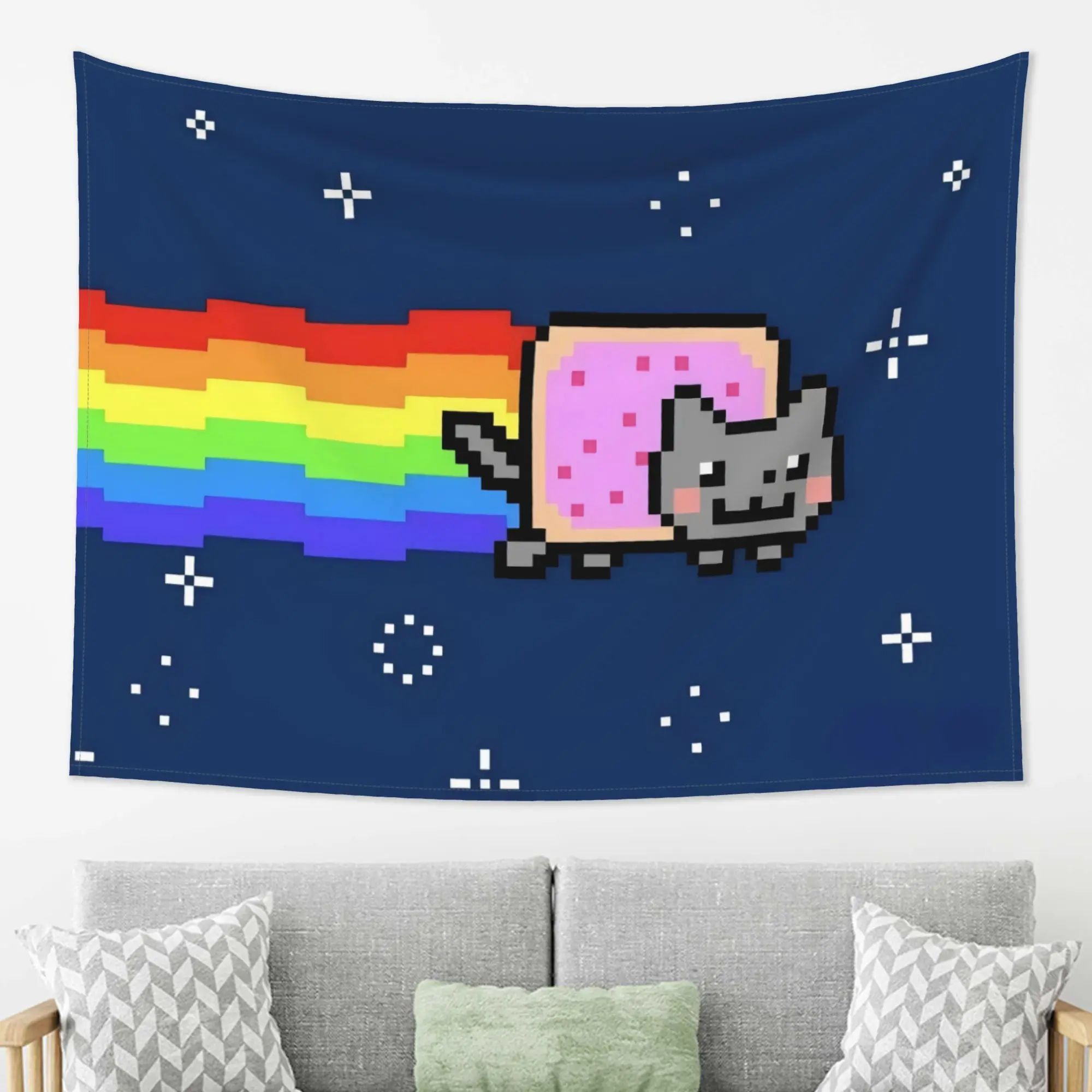 Nyan Cat Tapestry Pixel Art Retro Wall Hanging for Gaming Room Decor