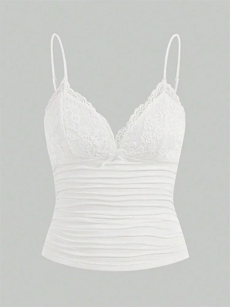 Sexy Lace Bow Front Crop Cami Top – Ruched Backless Y2K Grunge Summer Tank