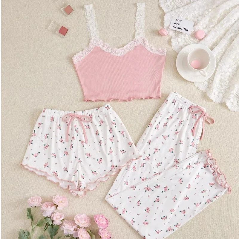 Women Three Piece Heart Print Ribbed Pajama Set
