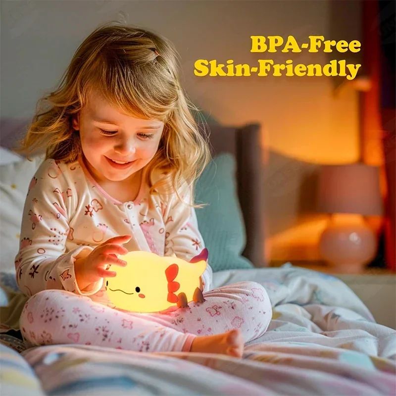 Cute Axolotl Silicone LED Night Light – Touch Control Rechargeable Kids Bedside Lamp