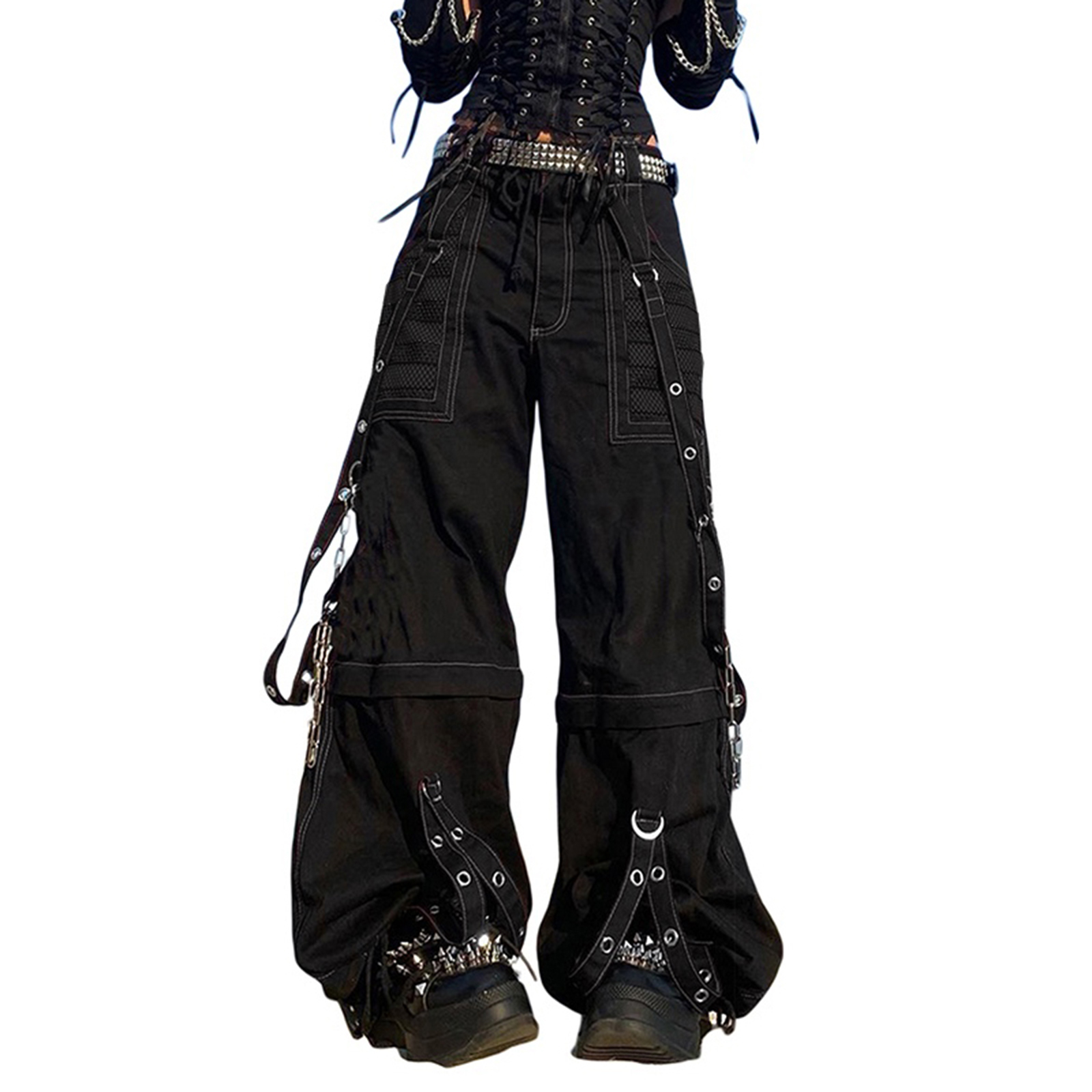 Women Fall Winter Cargo Jeans, Striped Loose Casual Trousers, Street wear Pants with Pockets, Zipper Button Closure