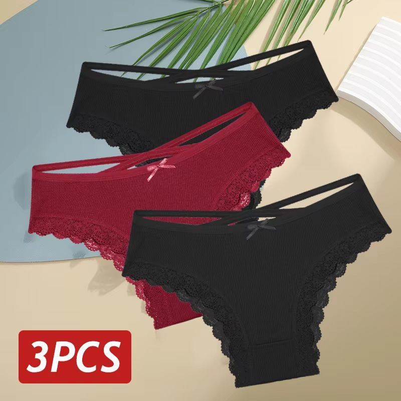 Women's 3-Piece Cotton Low-Rise Lace Brazilian Panties Set Breathable Soft Underwear S-XL