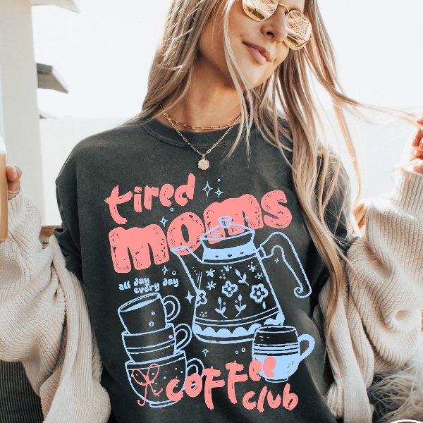 Tired Moms Coffee Club Shirt Funny Mom Coffee Lover Graphic Tee Cute Outfit