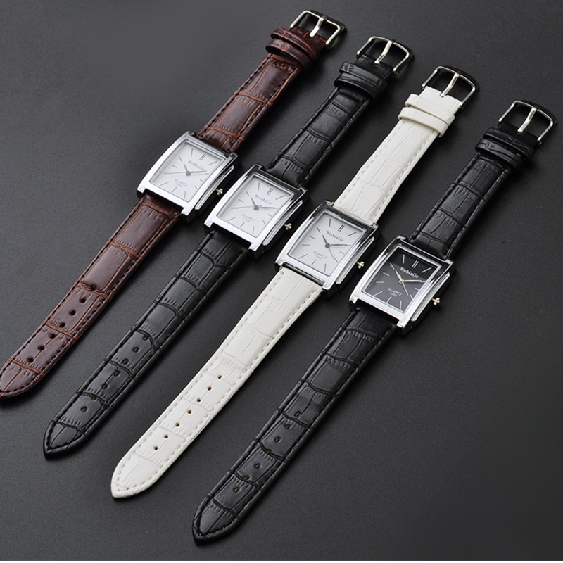 Luxury Quartz Clock, Men Square Watch, Black White Case, Leather Band for Women and Men