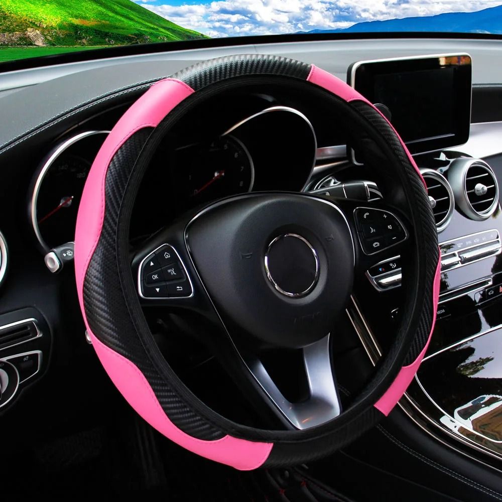 Carbon Fiber PU Leather Steering Wheel Cover 14.5 to 15 Inches