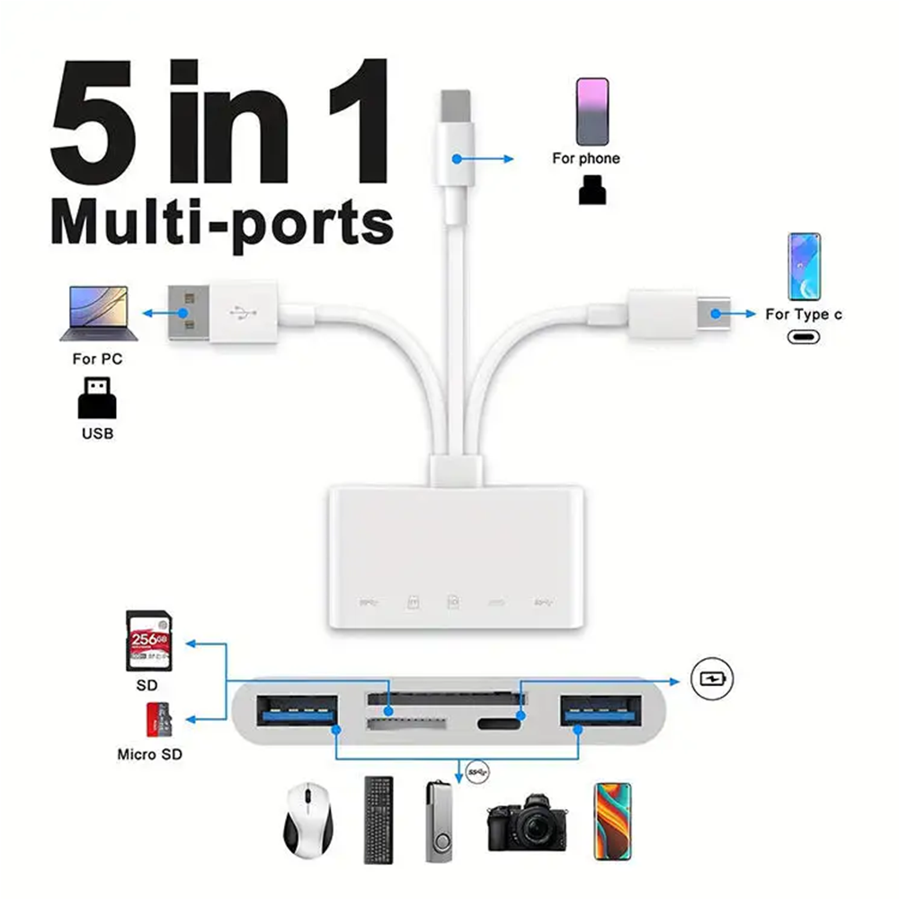 USB3.0 Type C Ligting OTG Camera Adapter, 8 in 1 Universal Card Reader, SD TF Slots, Android iPhone iPad External Instal