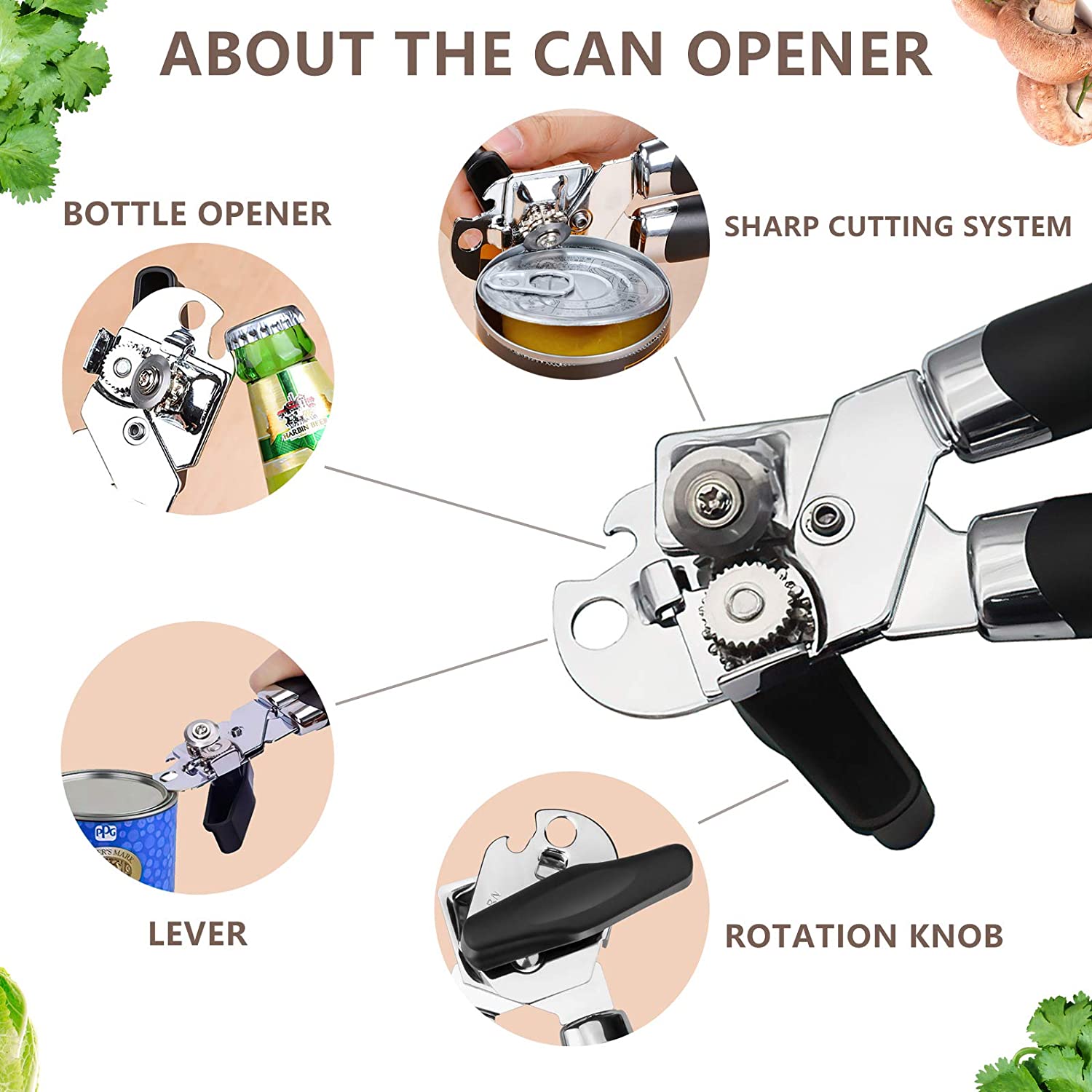 Multifunctional Stainless Steel Professional Tin Manual Can Opener Side Cut Cans Bottle Opener Beer Grip Kitchen Gadgets