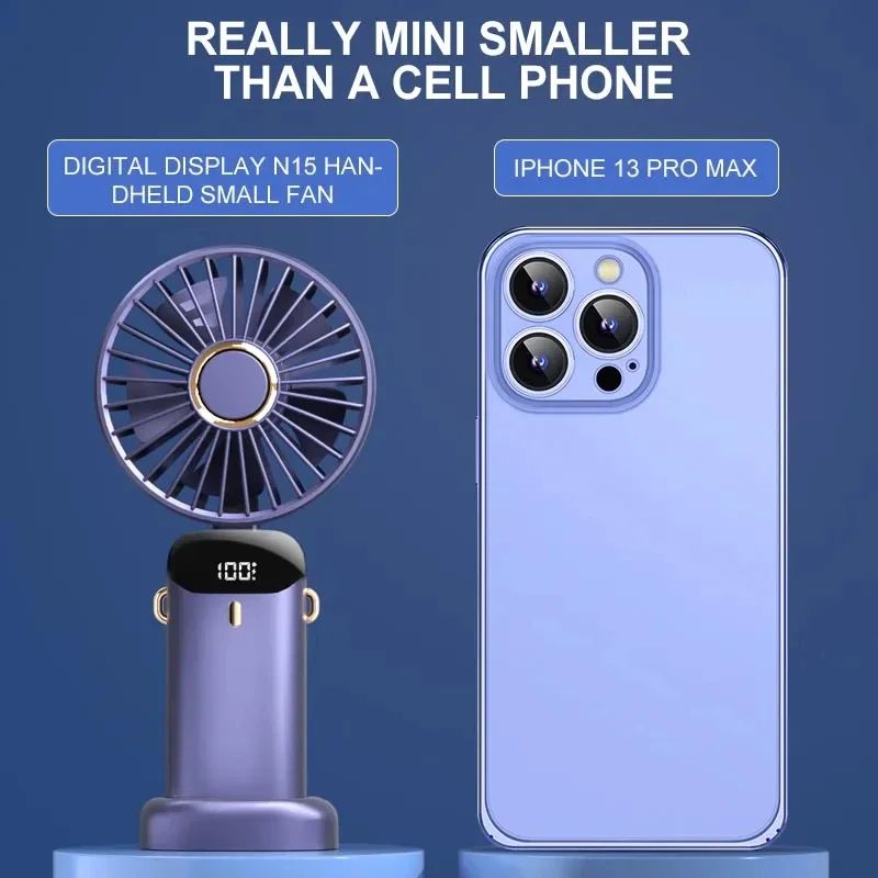 Foldable Handheld Mini Fan with Neck Hanging Design, 5 Speed USB Rechargeable Fan with Phone Stand, LED Display and 1800