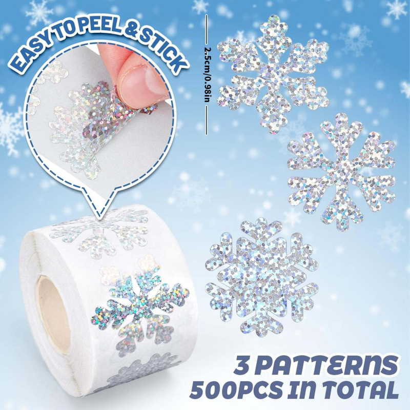 Laser Silver Winter Snowflake Stickers Roll of Christmas Waterproof Self-Adhesive