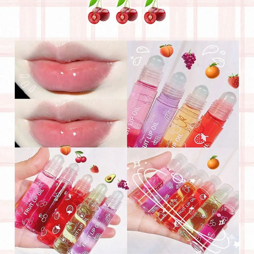 6 Color Roll On Lip Oil Fruit Essence Hydrating Lip Balm Gloss with Mirror