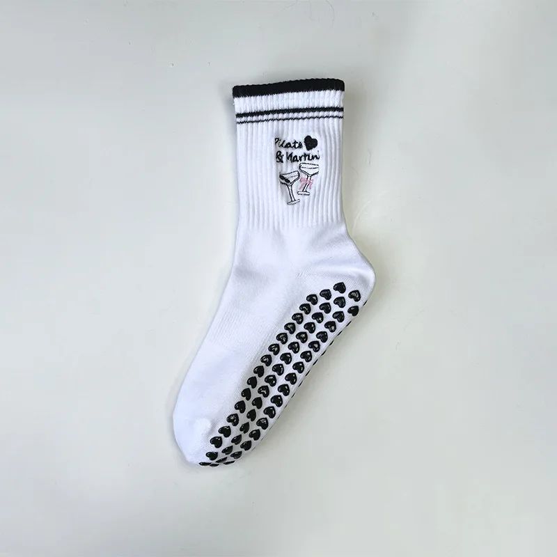 Womens Knitted Embroidered Non-Slip Yoga Socks EU 36–43 – Silicone Grip Pilates & Fitness Mid-Calf Socks