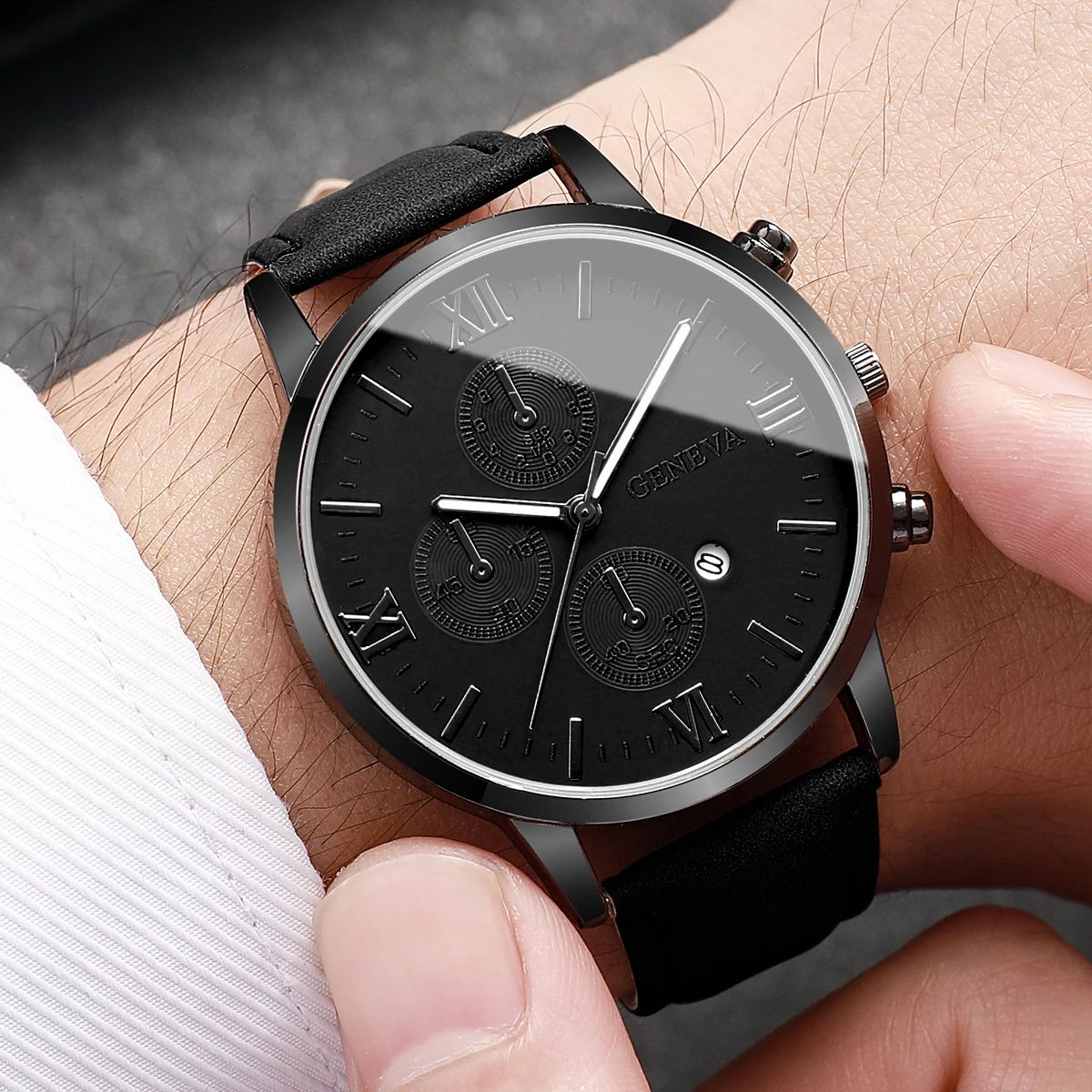 Men's Casual Leather Quartz Calendar Watch Set
