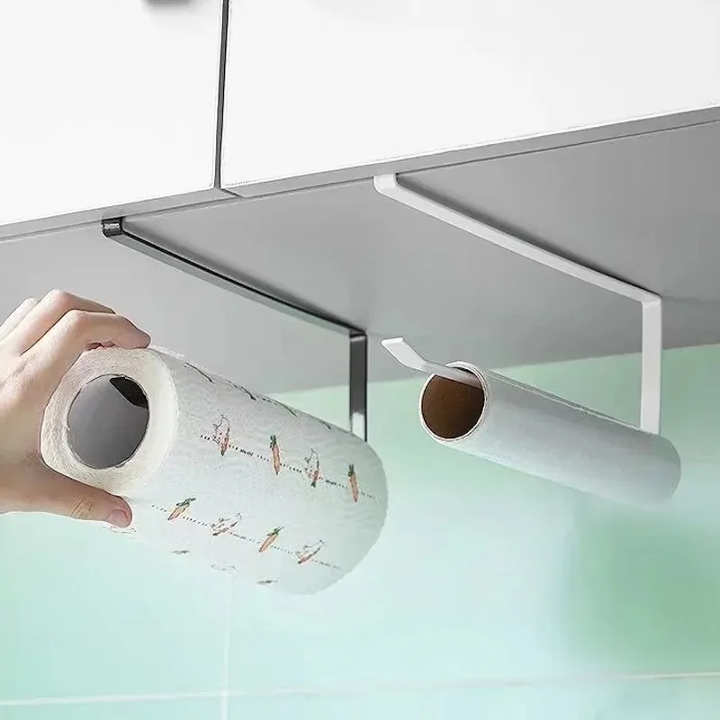 Towel Rack Paper Roll Holder Cling Film Storage Rack No Punching Hanging Shelf Kitchen Bathroom Tissue Accessories