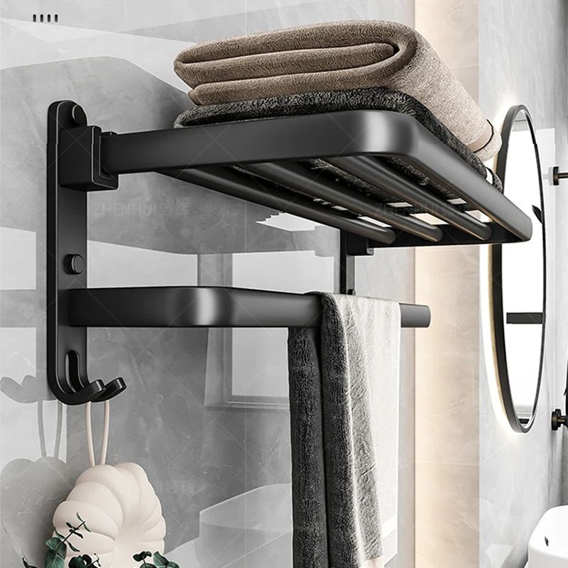 Matte-Black 20-Inch Wall-Mount Foldable Towel Rack & Hook - Space-Saving Bathroom Organizer