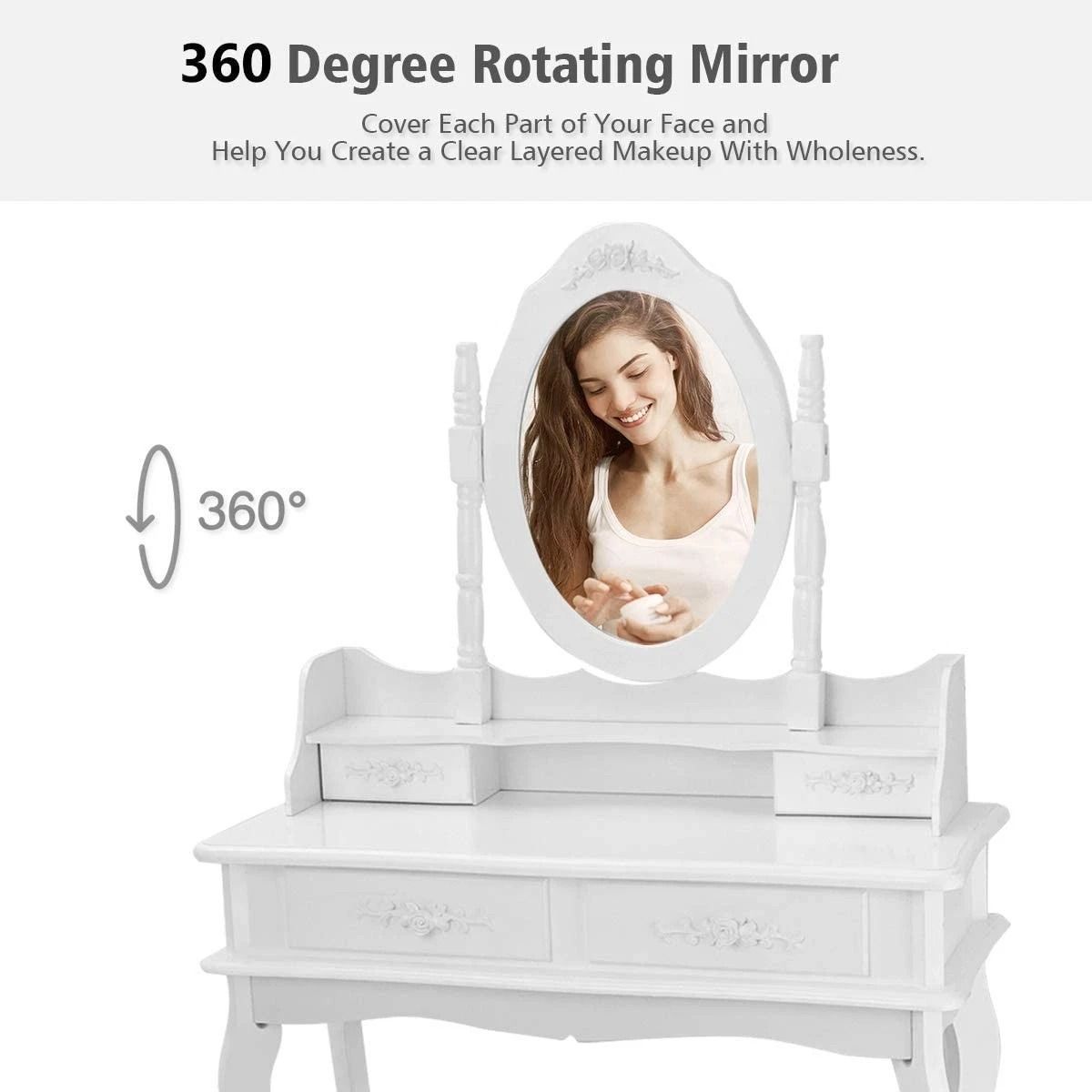 White Vanity Dressing Table Set with Mirror & Stool, Drawers Makeup Desk for Bedroom