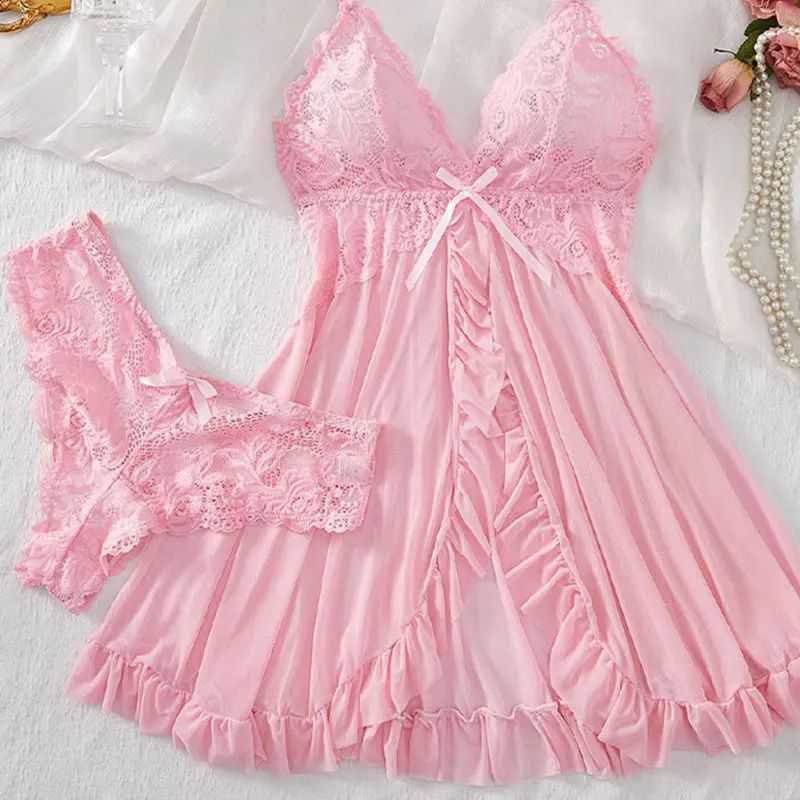 Women Summer Lace Nightgown Set with Suspender Dress and Thong