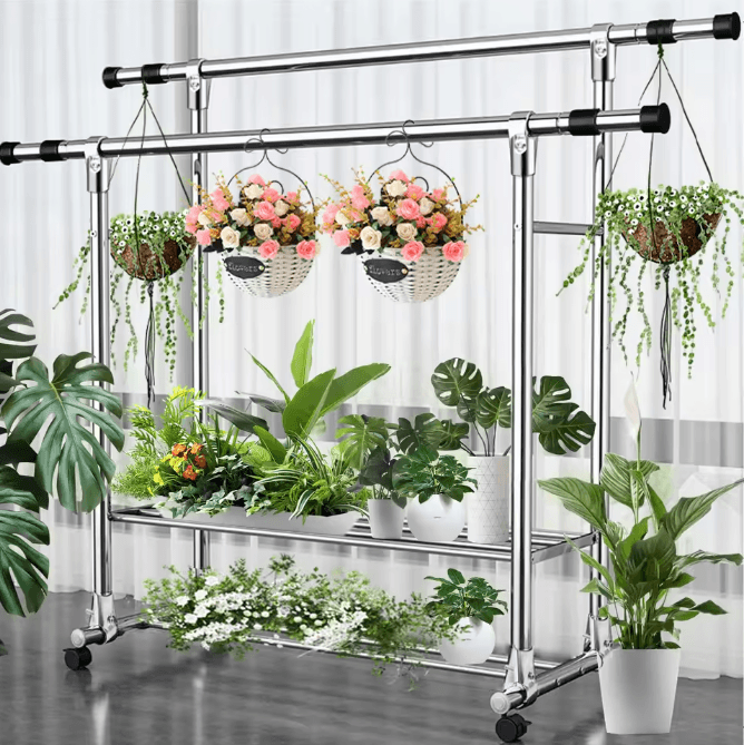Adjustable Double Rod Rolling Garment Rack with Double Shoe Shelves 47.24-78.74in Wide