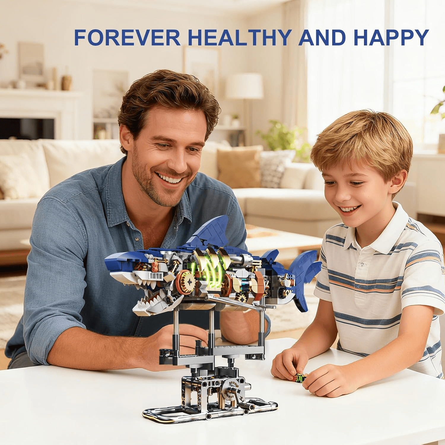 Mechanical Shark Building Set, Shark Sea Life Blocks with Display Stand & Lights