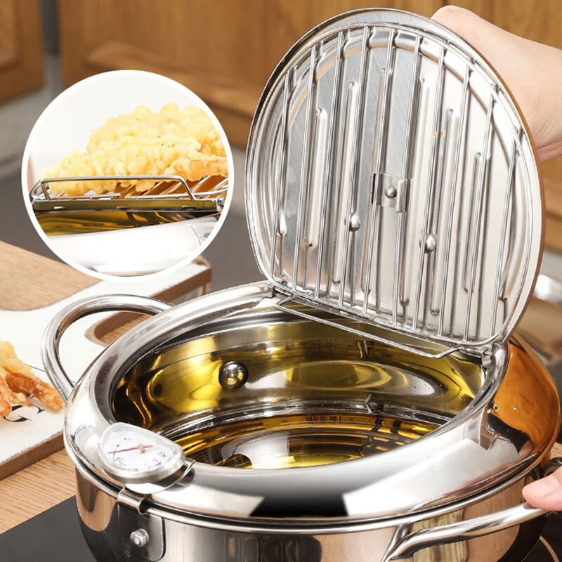 Stainless Steel Oil Pan with Thermometer – Oil-Saving Fryer for Perfect Tempura & French Fries