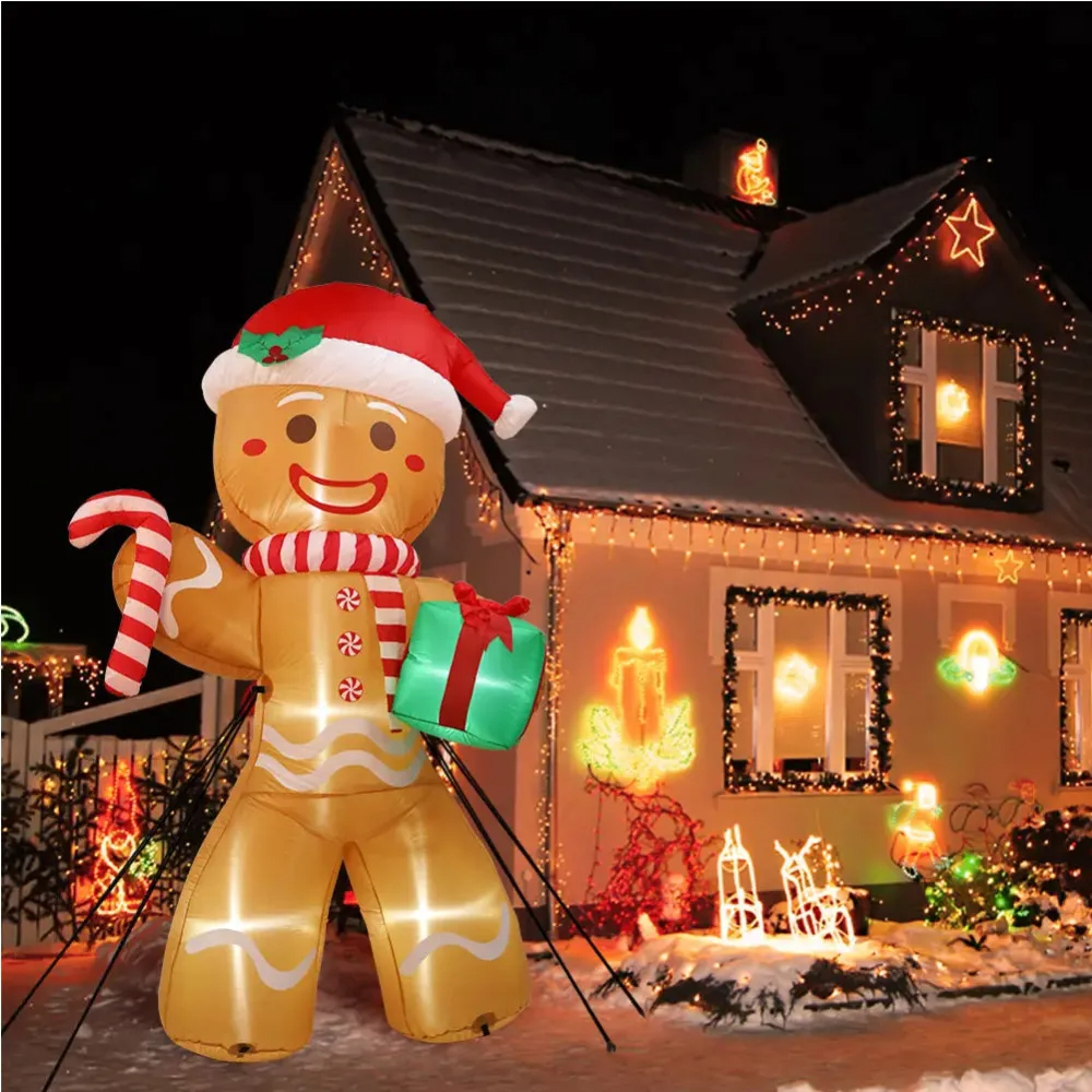 8FT/2.4M Christmas Inflatables Gingerbread Man with Gift Pack Outdoor Decorations Xmas Yard Decorations with LED Lights