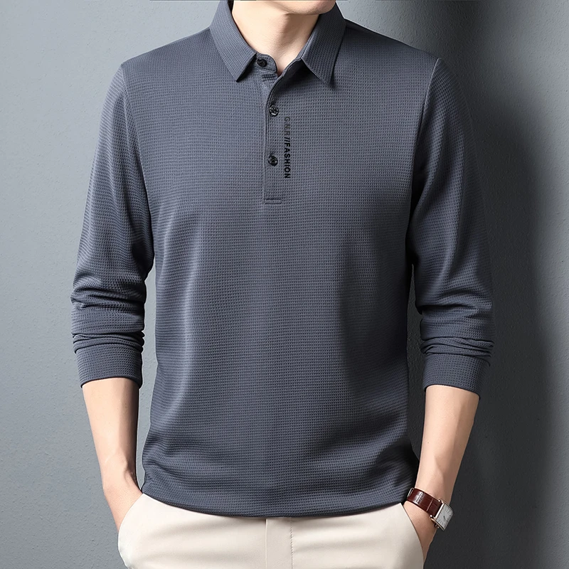 Casual Mens Waffle Long Sleeved POLO Shirt, Letter Printed Lapel Top