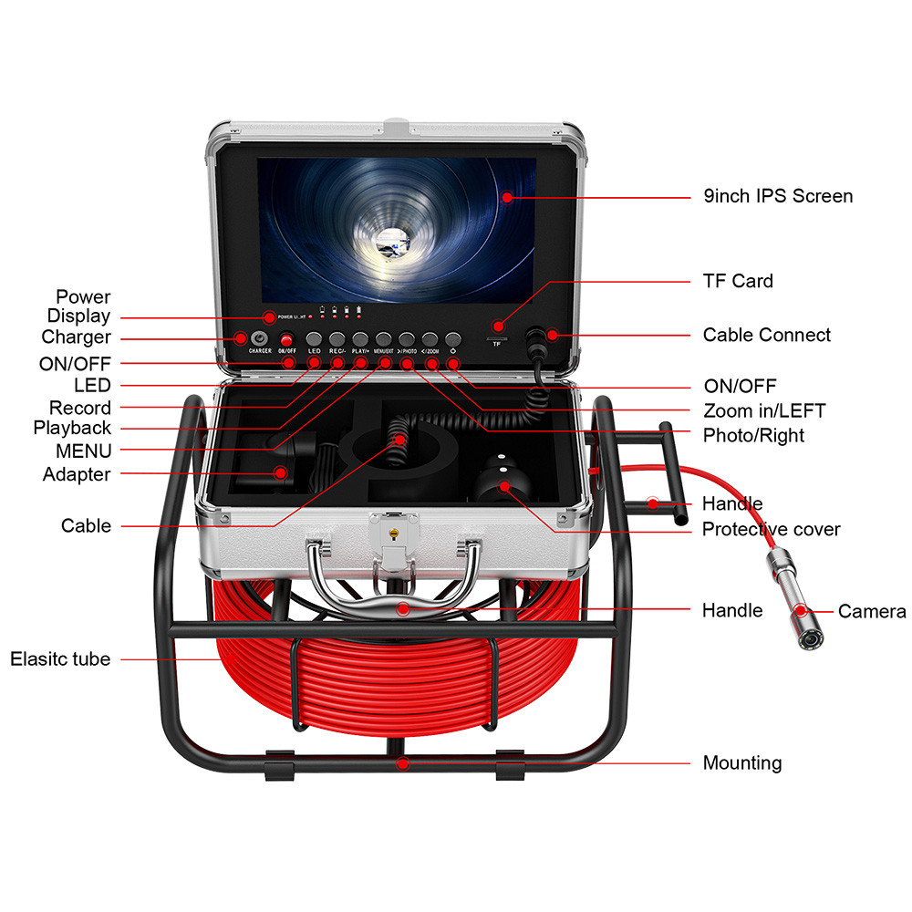 30M Pipe Inspection Camera with 9 DVR Monitor, IP68 Waterproof 17MM Borescope for Drain, Sewer, Pipeline Inspection