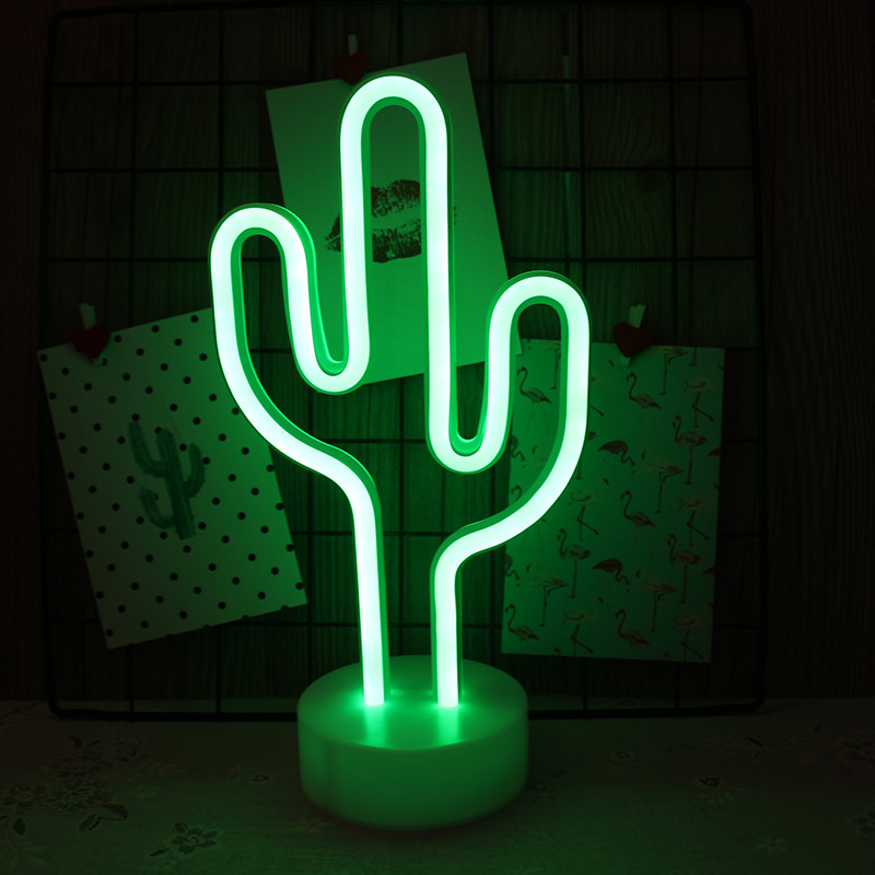 LED Cactus Neon Light with Base Decorative Green Desktop Night Lamp for Wedding Party Birthday Decor