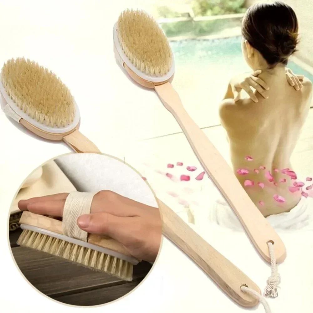 PureGlow Natural Bristle Back Scrubber – Back Scrubber Shower Brush with Detachable Wooden Handle