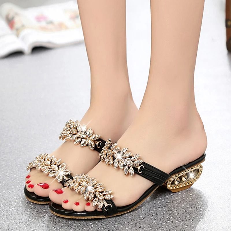 Luxury Rhinestone Crystal Med-Heel Sandals