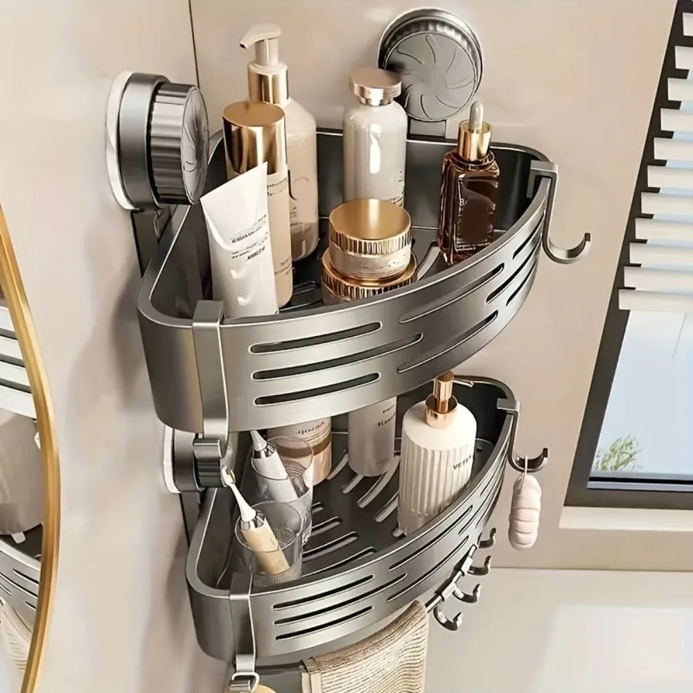 AquaGrip Triangular Suction Cup Bathroom Shelf | No-Drill Space-Saving Corner Organizer with Hooks