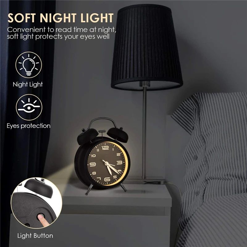 Classic Loud Twin Bell Alarm Clock with Backlight – Retro Metal Desk Clock, Battery Operated