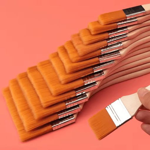 12 Piece Nylon Paint Brush Set Smooth Wooden Handle Brushes for Acrylic Oil Watercolor