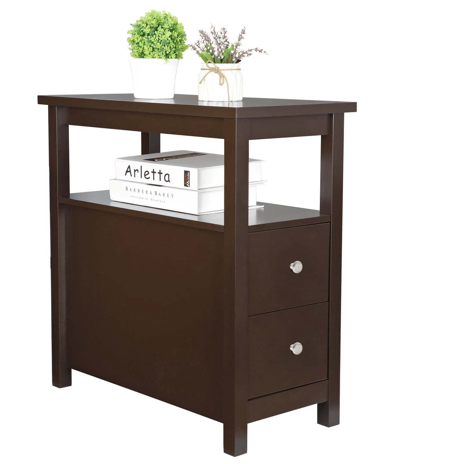 Narrow End Table with 2 Drawers & Open Shelf, Slim Sofa Side Table for Living Room, Bedroom, or Entryway