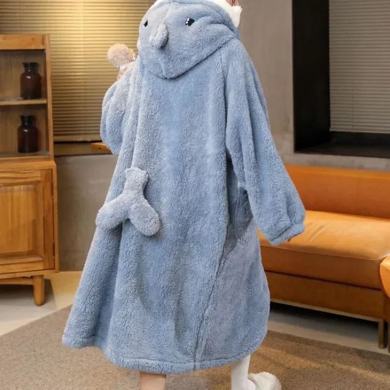 Winter Warm Fleece Shark Robe Womens One Piece Nightgown Long Sleeve Button Up Design