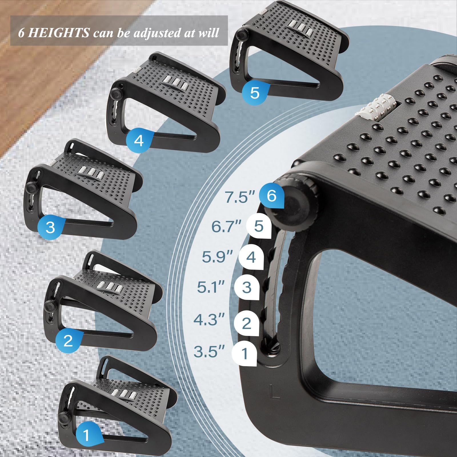 Ergonomic Under Desk Footrest with Massage Rollers for Pain Relief