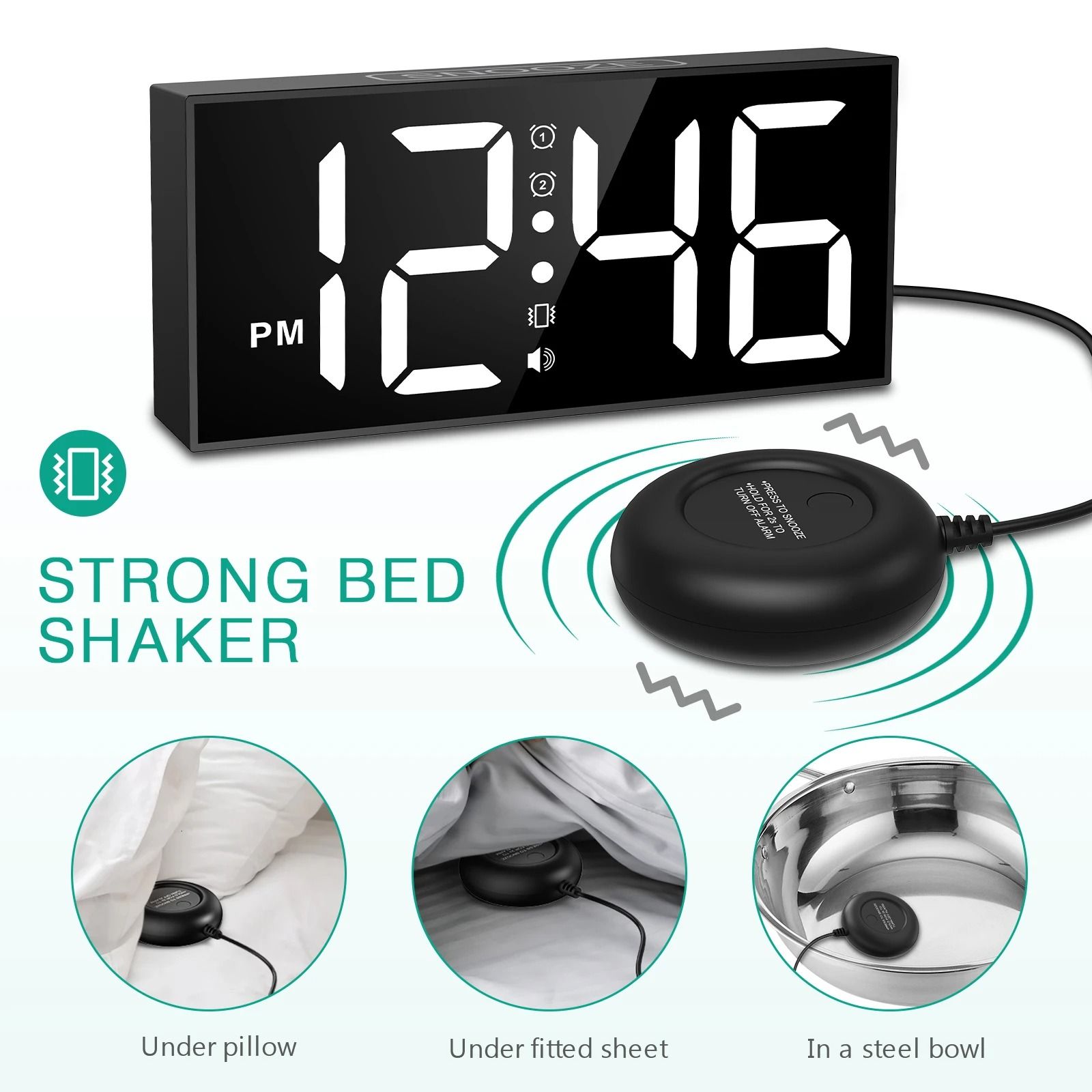 Vibrating Bed Shaker Alarm Clock | 7.5 in Large LED Display